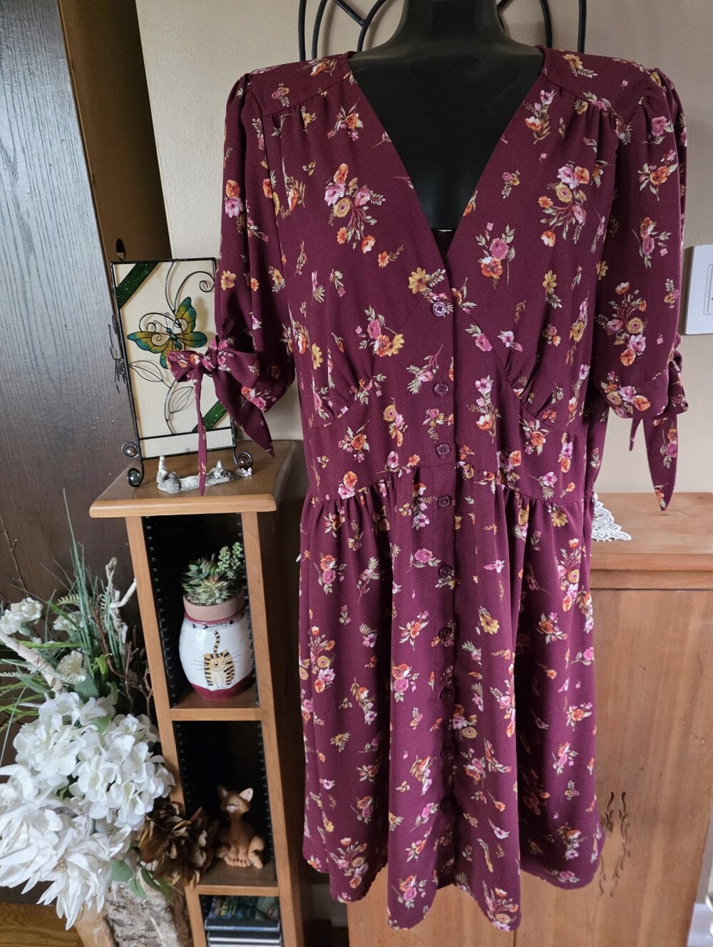 Xhilaration Burgundy Floral Button-Down Midi Dress with Tie Sleeves